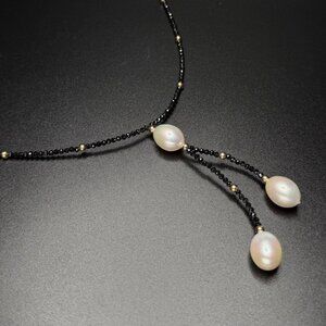 14K Yellow Gold Black Spinel & Freshwater Pearl Double Drop Dangle Necklace 18"